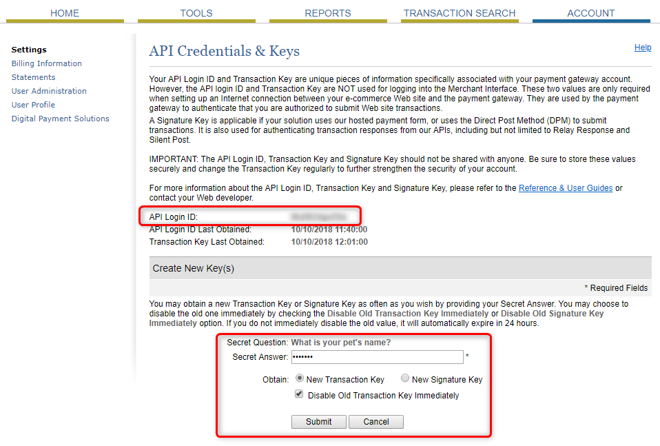 Authorize.Net API Credentials & Keys